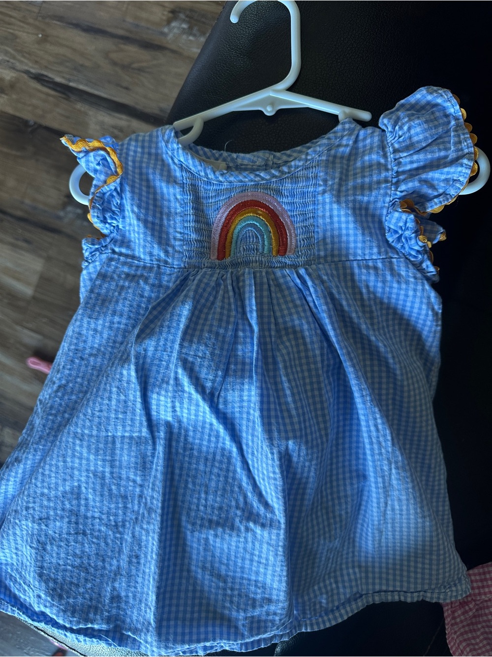 Blue Gingham Rainbow Embroidered Kids Dress